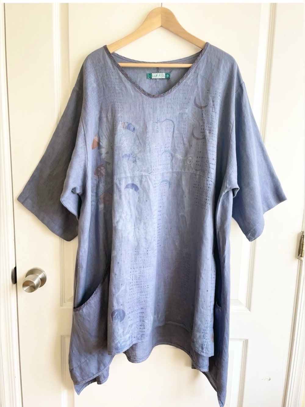 Blue Fish Moon And Floral Print Linen Tunic Plus Size 2X Hand Printed USA